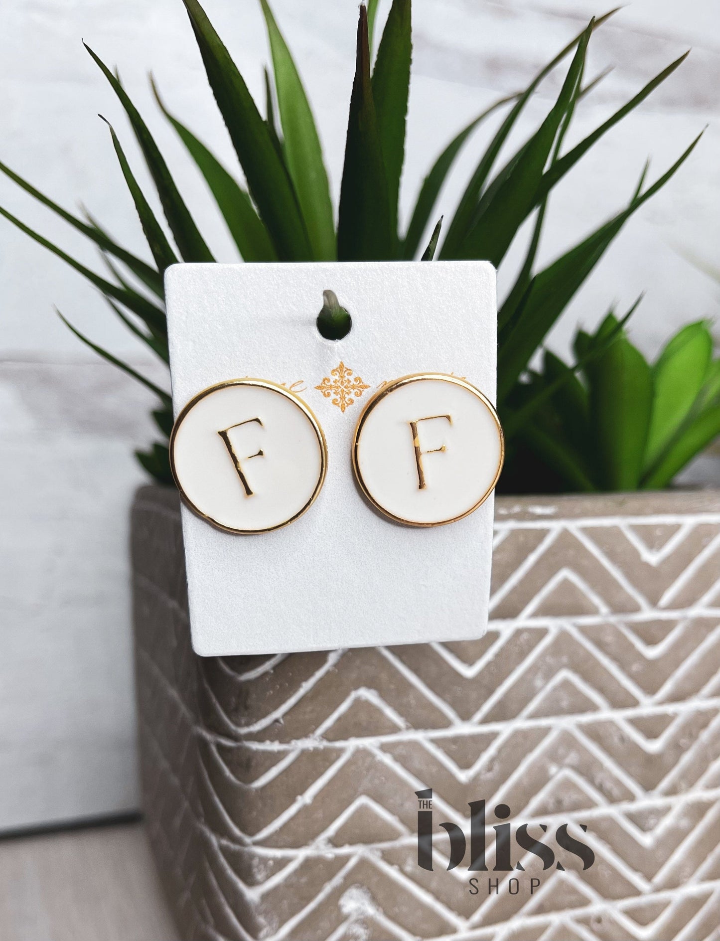 White & Gold Initial Stud Earring