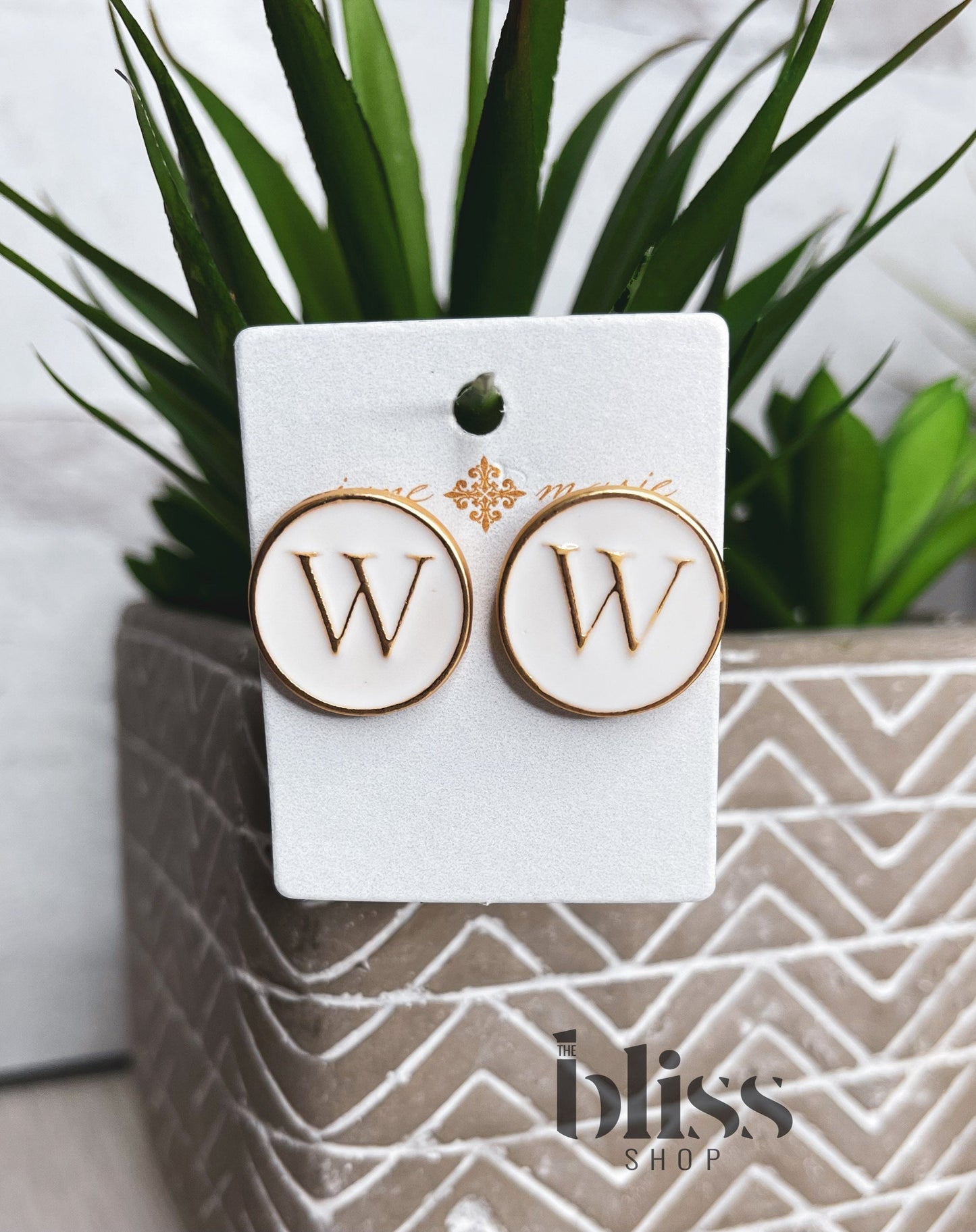 White & Gold Initial Stud Earring